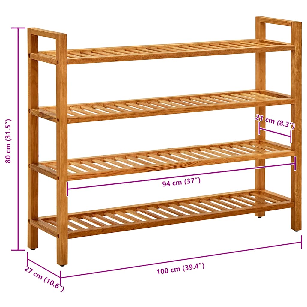 Shoe Rack with 4 Shelves 39.4"x10.6"x31.5" Solid Oak Wood