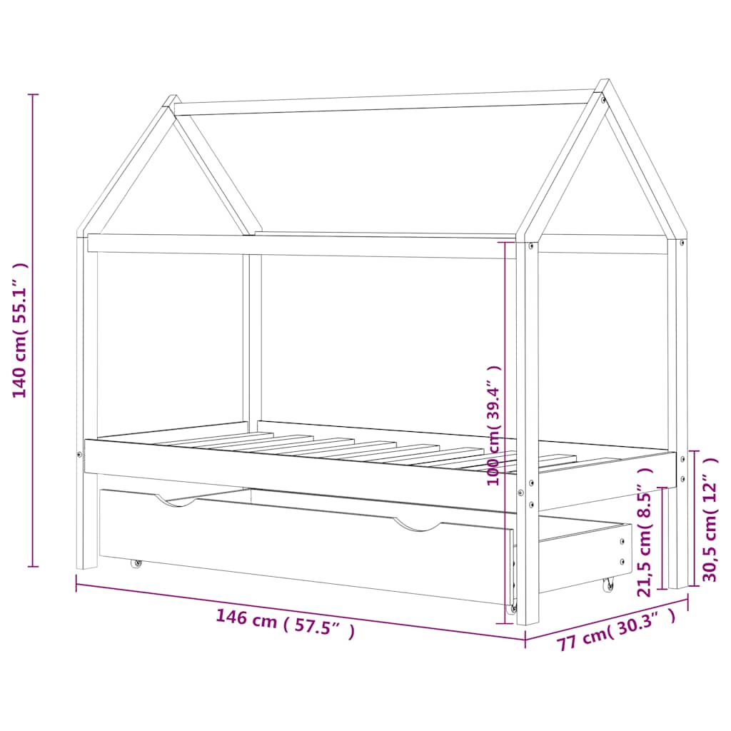 Kids Bed Frame | White | Solid pine wood | 70 cm x 140 cm