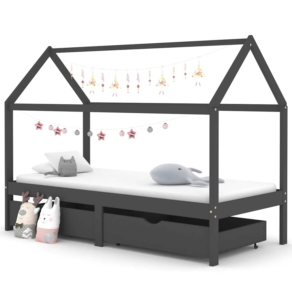 Kids Bed Frame | Dark Grey | Solid Pine Wood | 90x200 cm | Kids Bed Frame
