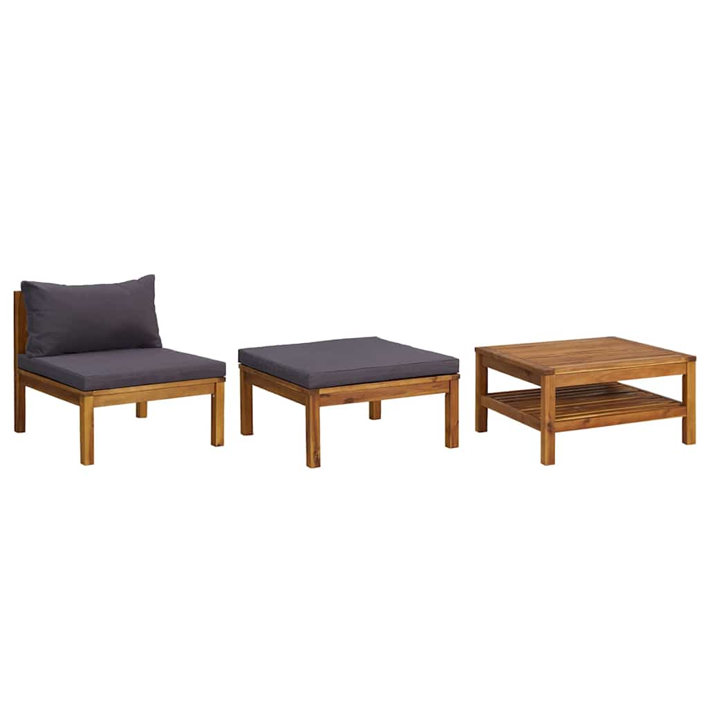 3 Piece Patio Lounge Set with Dark Gray Cushions Acacia Wood