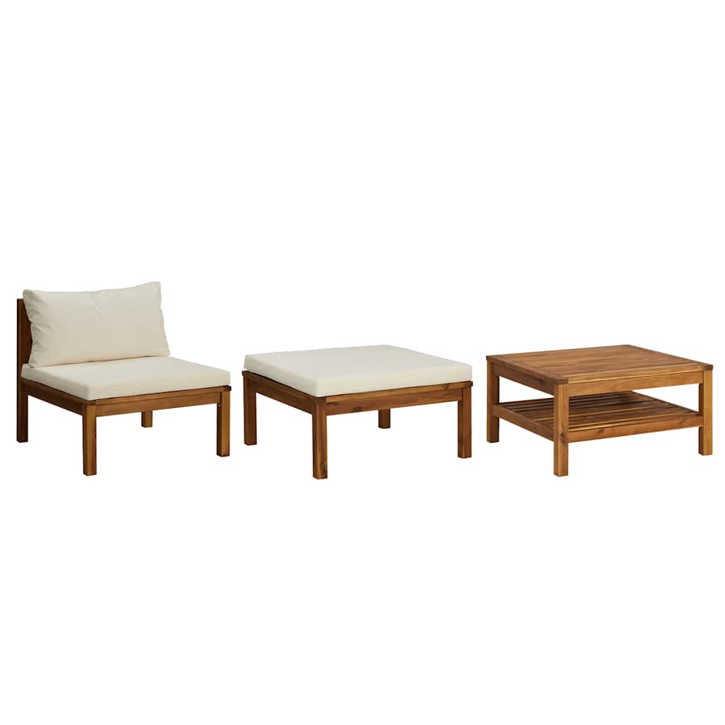 3 Piece Patio Lounge Set with Cream White Cushions Acacia Wood