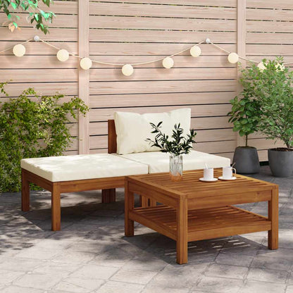 3 Piece Patio Lounge Set with Cream White Cushions Acacia Wood
