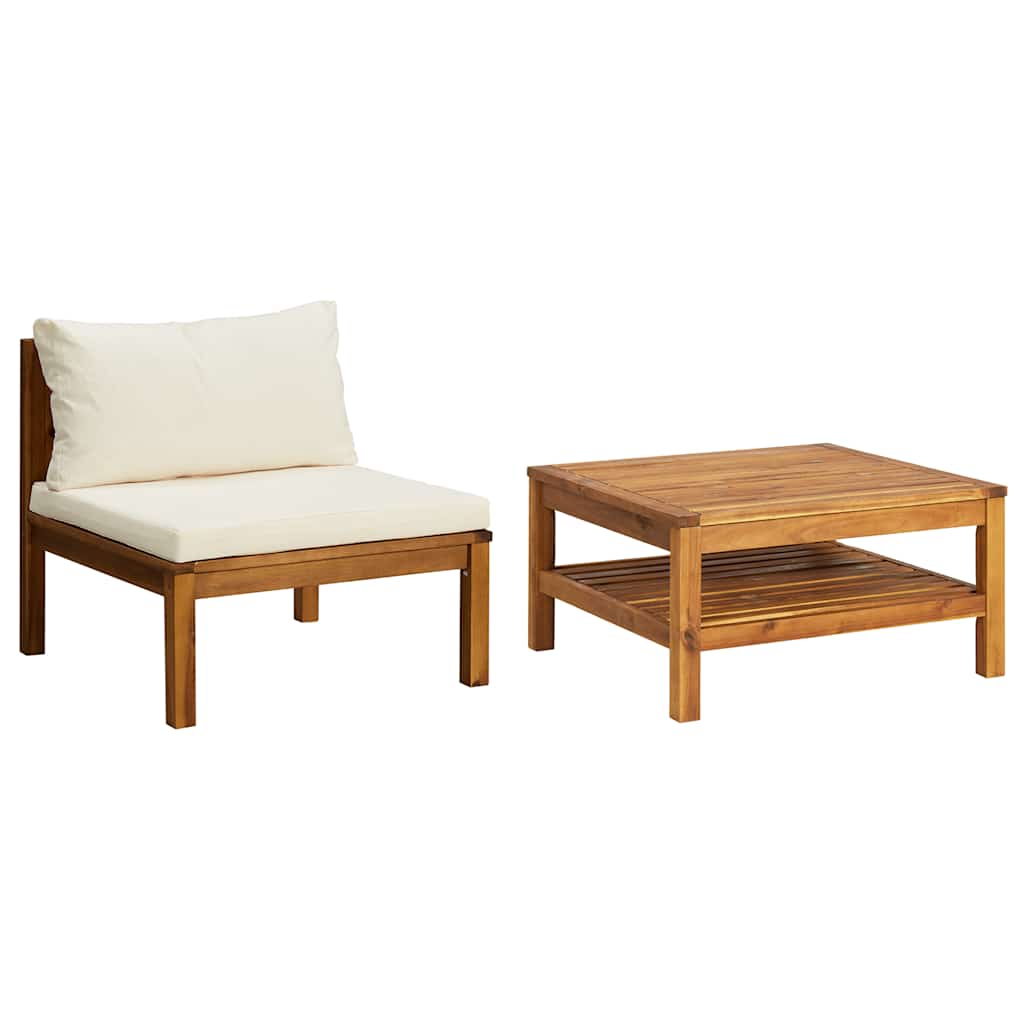 2 Piece Patio Sofa Set with Cream White Cushions Acacia Wood