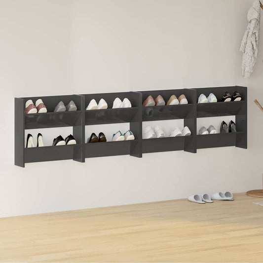 Wall Shoe Cabinet | Set of 4 | High gloss grey | Engineered wood