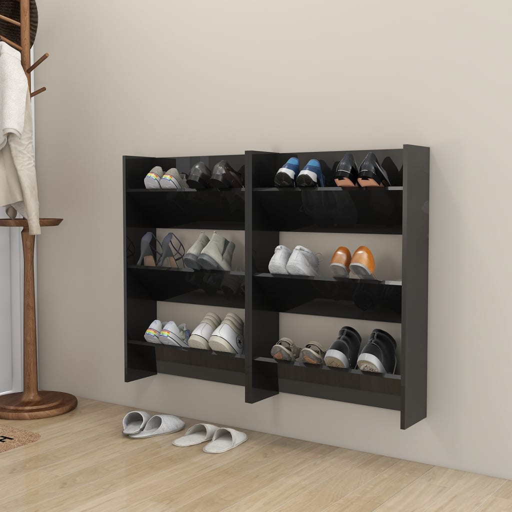 Wall Shoe Cabinets 2 pcs  High Gloss Black 60x18x90cm Engineered Wood