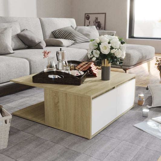 Coffee Table | White and Sonoma Oak | Engineered Wood | 80 cm | Storage