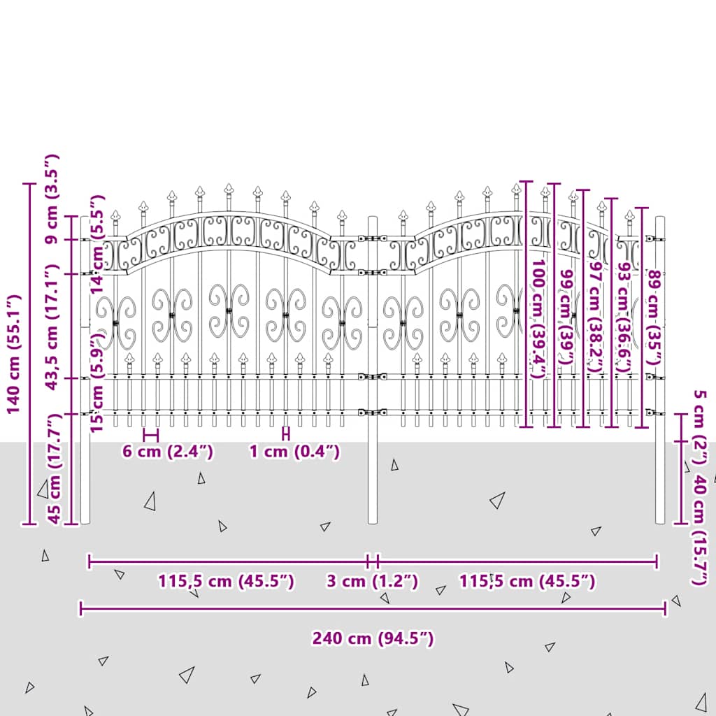 Garden Fence KAMPEN" with Spear Top Black 240x100 cm Steel