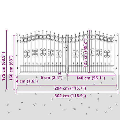 Fence Gate "KAMPEN" with Spear Top Black 302x125 cm Steel