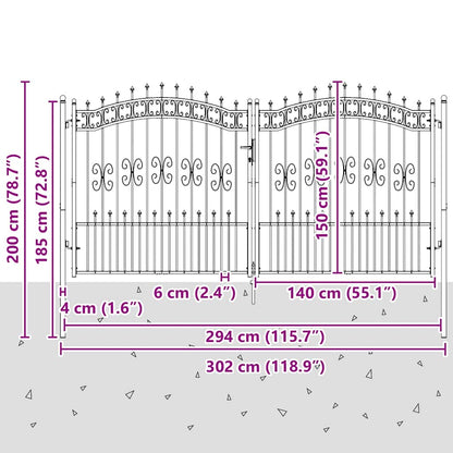 Fence Gate "KAMPEN" with Spear Top Black 302x150 cm Steel