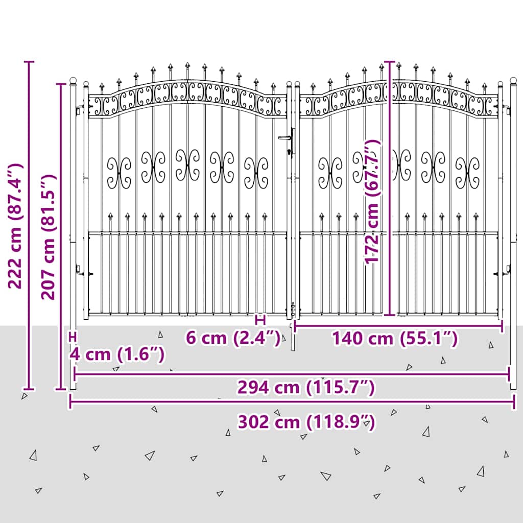 Fence Gate KAMPEN with Spear Top Black 302x172 cm Steel