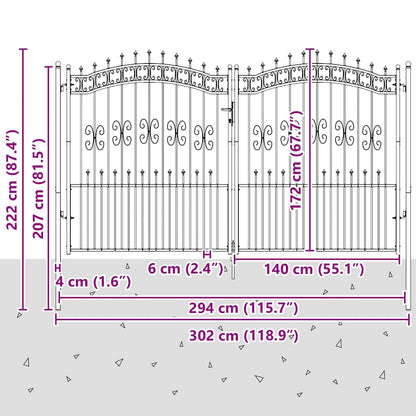 Fence Gate KAMPEN with Spear Top Black 302x172 cm Steel