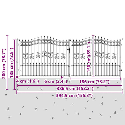 Fence Gate "KAMPEN" with Spear Top Black 394,5x150 cm Steel