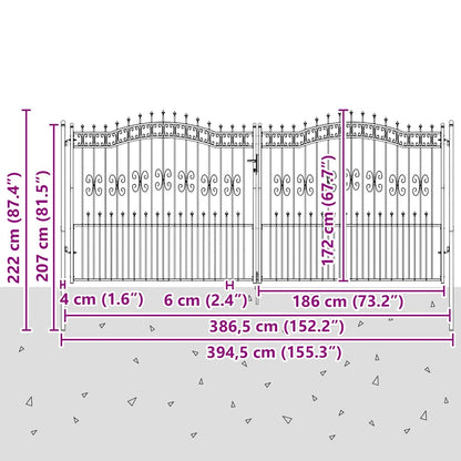 Fence Gate "KAMPEN" with Spear Top Black 394,5x172 cm Steel