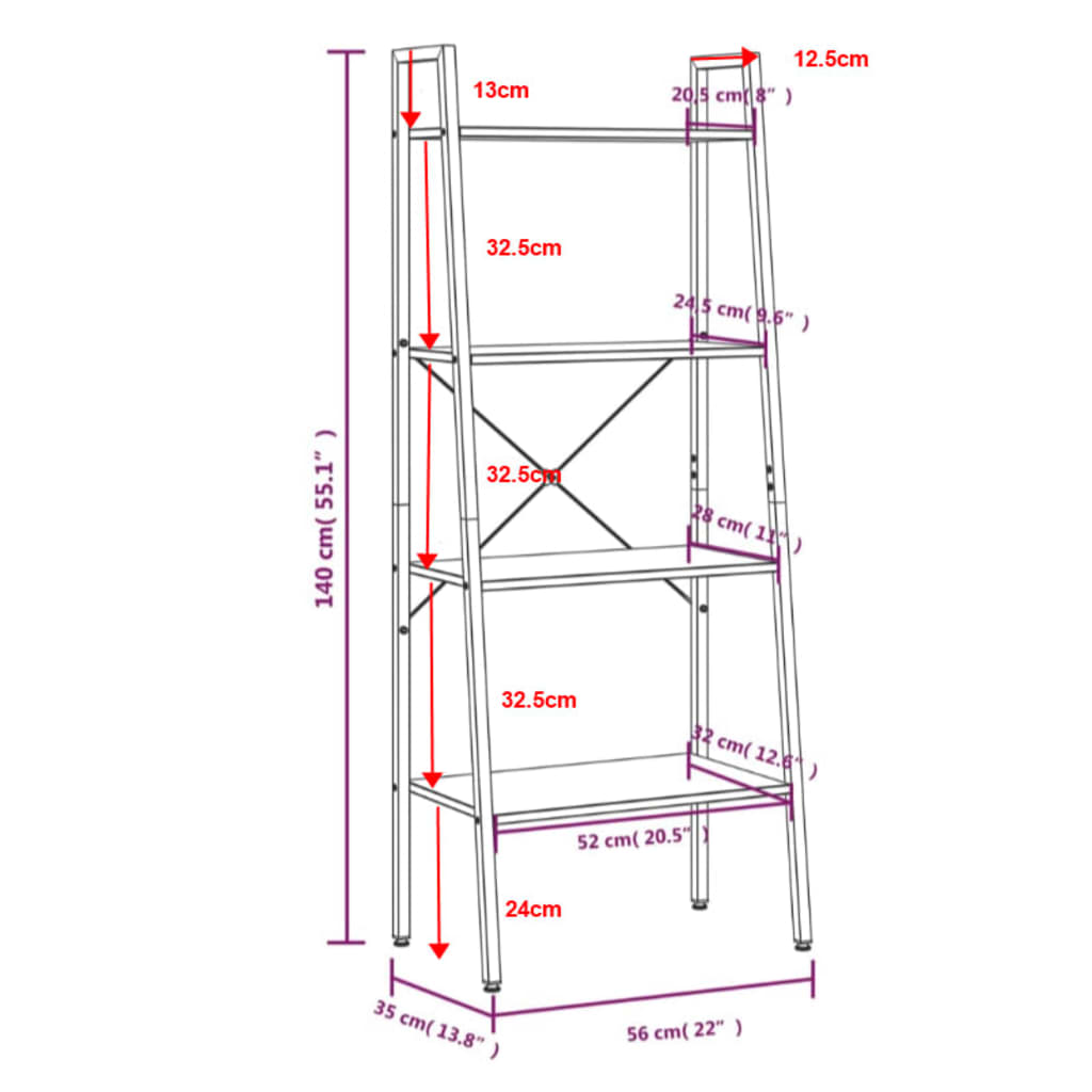 4-Tier Standing Shelf Light Brown and Black 56x35x140 cm