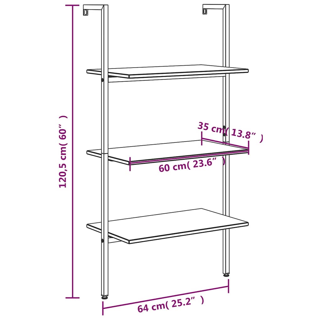 3-Tier Leaning Shelf Light Brown and Black 64x35x120,5 cm
