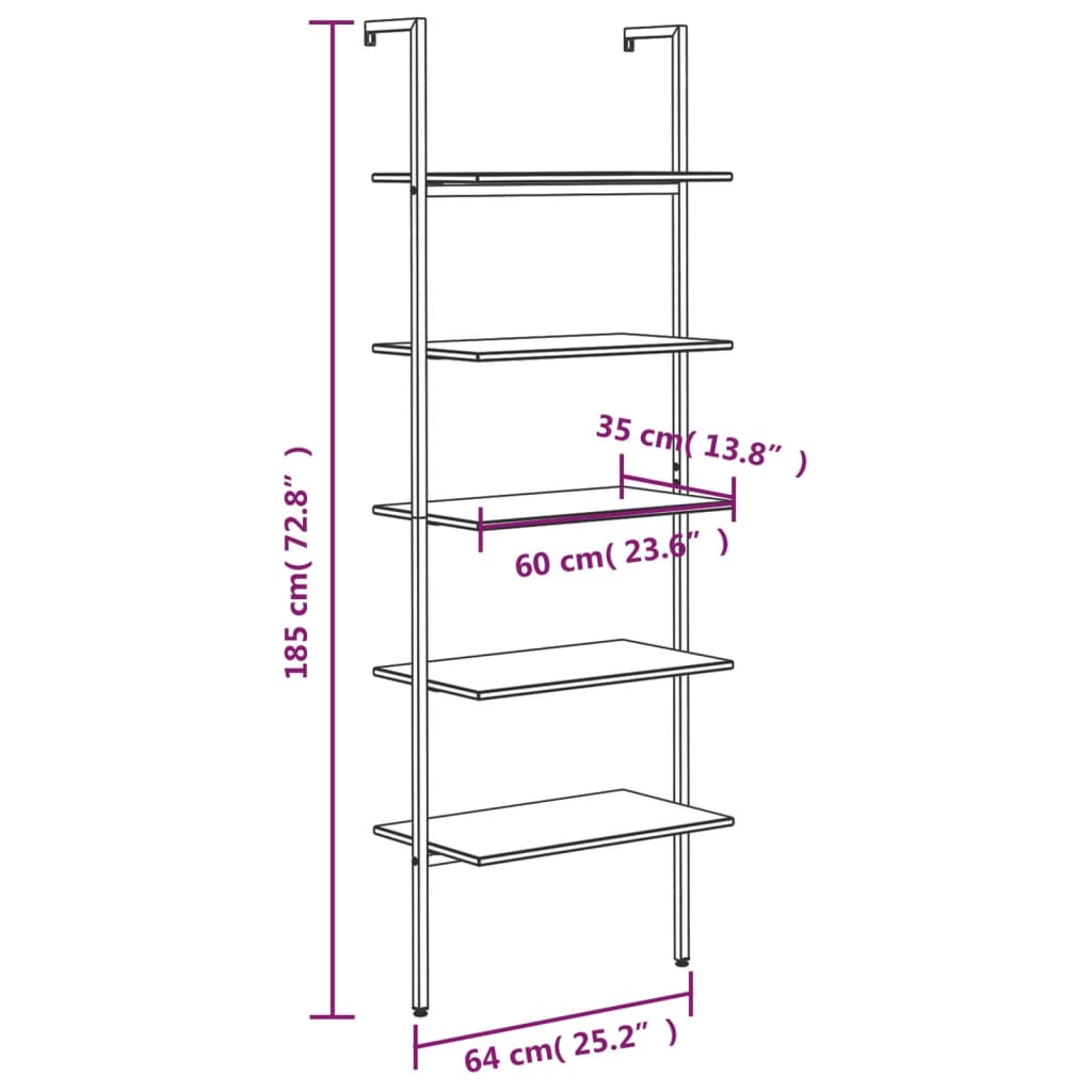 5-Tier Leaning Shelf Light Brown and Black 64x35x185 cm