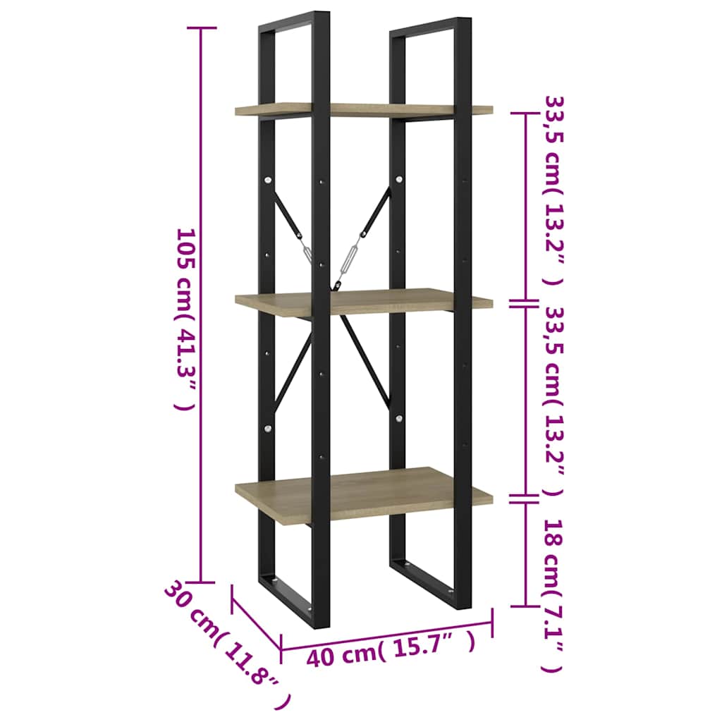3-Tier Book Cabinet Sonoma Oak 15.7"x11.8"x41.3" Engineered Wood