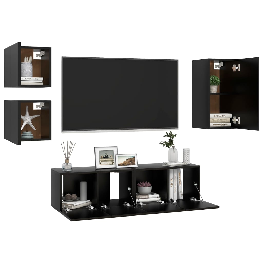 5 Piece TV Cabinet Set Black Engineered Wood