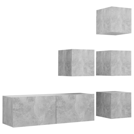 3079142 vidaXL 5 Piece TV Cabinet Set Concrete Grey Engineered Wood (804495+801485)