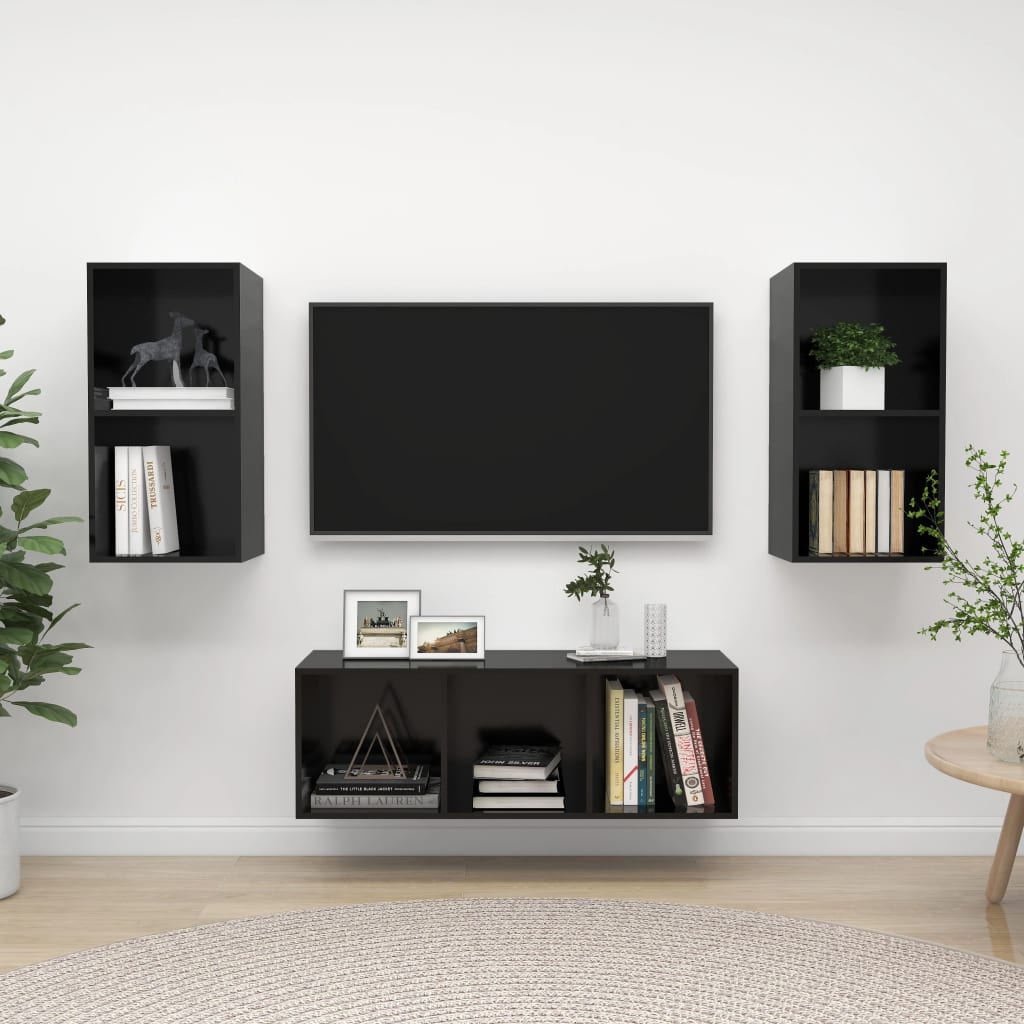 3 Piece TV Cabinet Set High Gloss Black Engineered Wood