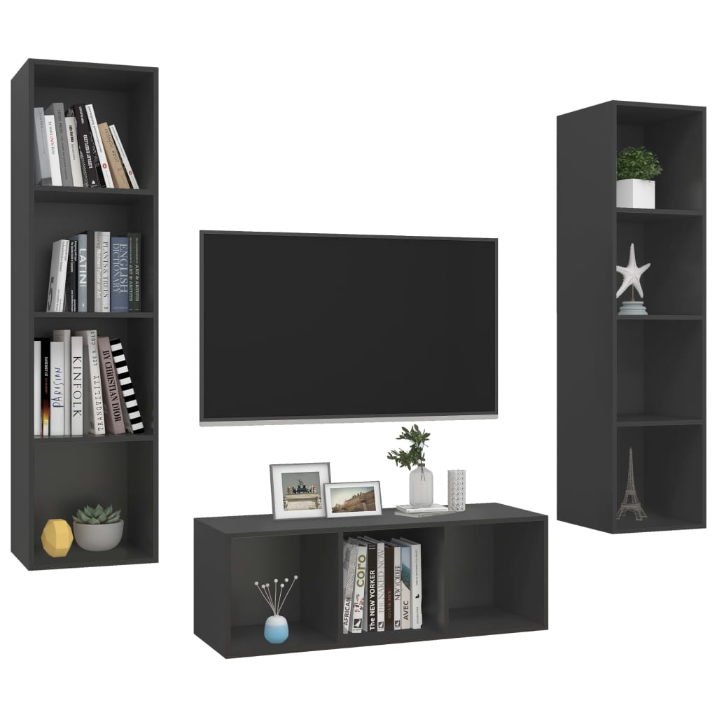 3 Piece TV Cabinet Set Grey Engineered Wood