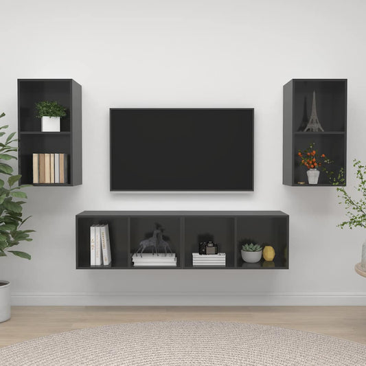 TV Cabinet | Set of 4 | High gloss grey | Engineered wood | Medium