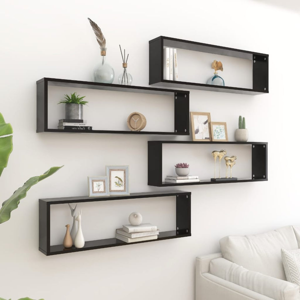 Wall Cube Shelf 4 pcs Black 100x15x30 cm Engineered Wood