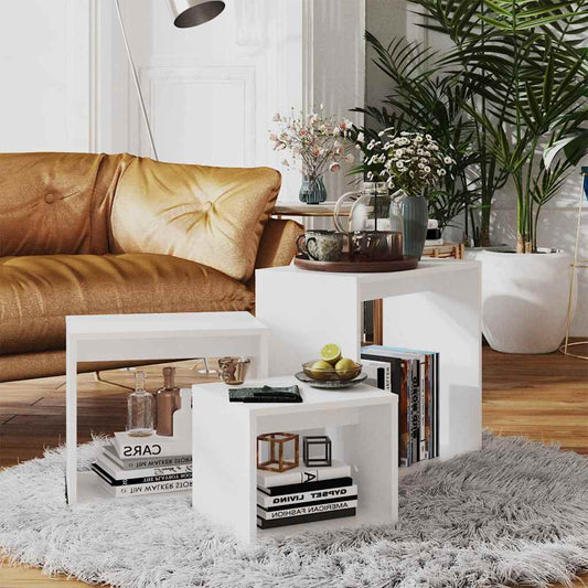 Nesting Table | Set of 3 | White | Engineered wood | Small | Stackable