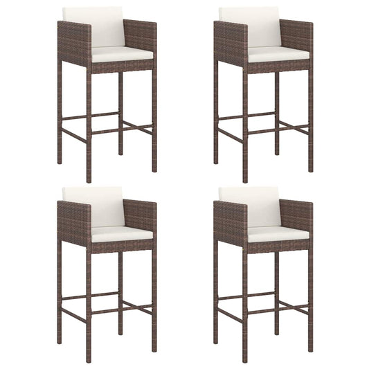 Bar Stools 4 pcs with Cushions Brown Poly Rattan