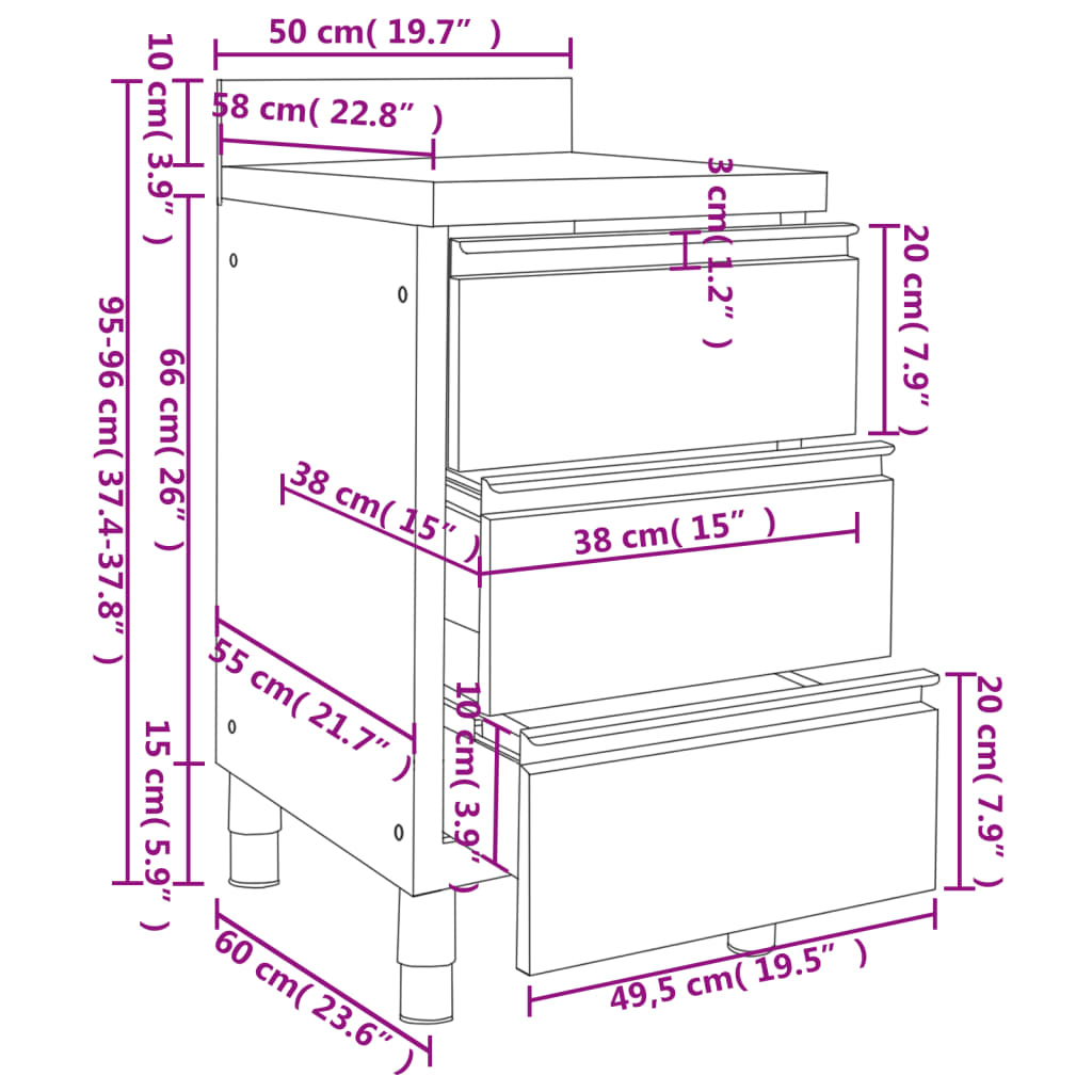 Commercial Kitchen Cabinets with 3 Drawers 2 pcs 50x60x96 cm