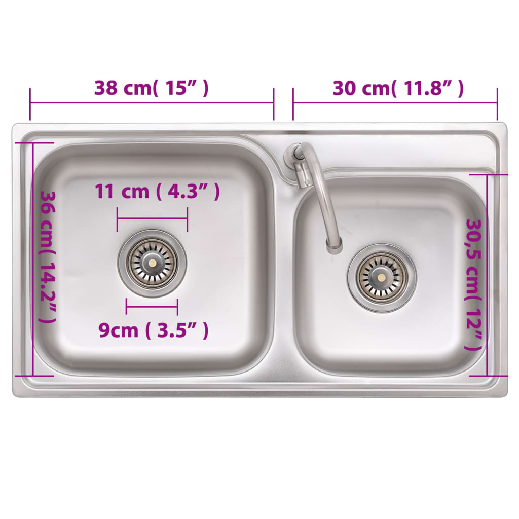 Camping Sink Double Basins with Tap Stainless Steel