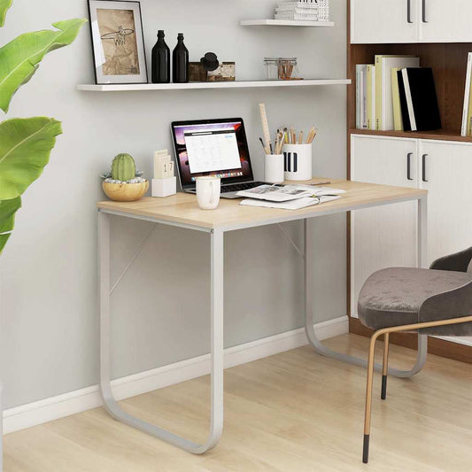 Computer Desk | White and Oak | Engineered Wood, Powder-Coated Metal