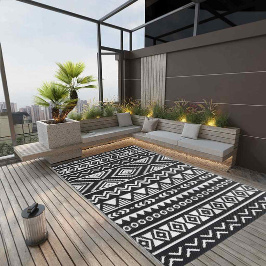 Outdoor Rug | Black | Polypropylene | Large | Decorative Inlays