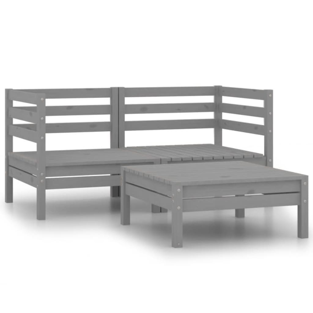3 Piece Patio Lounge Set Solid Wood Pine Gray