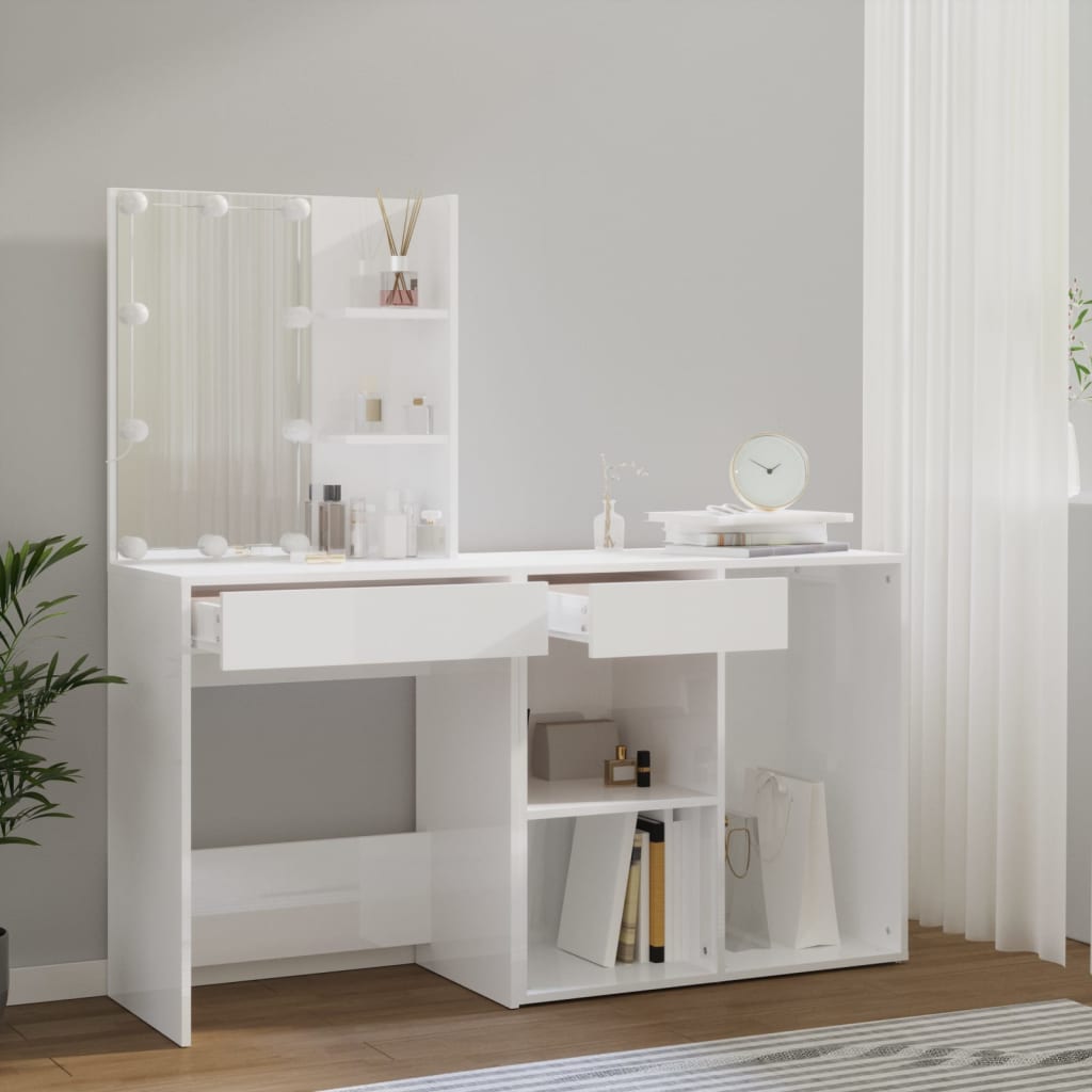 LED Dressing Table With Cabinet | White | Engineered wood, acrylic