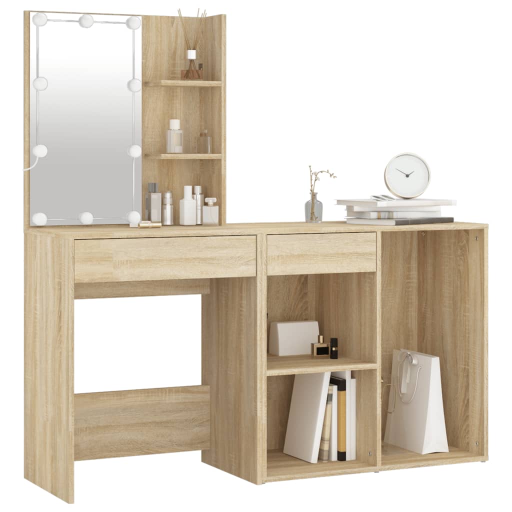 LED Dressing Table With Cabinet | Sonoma oak | Engineered wood, acrylic