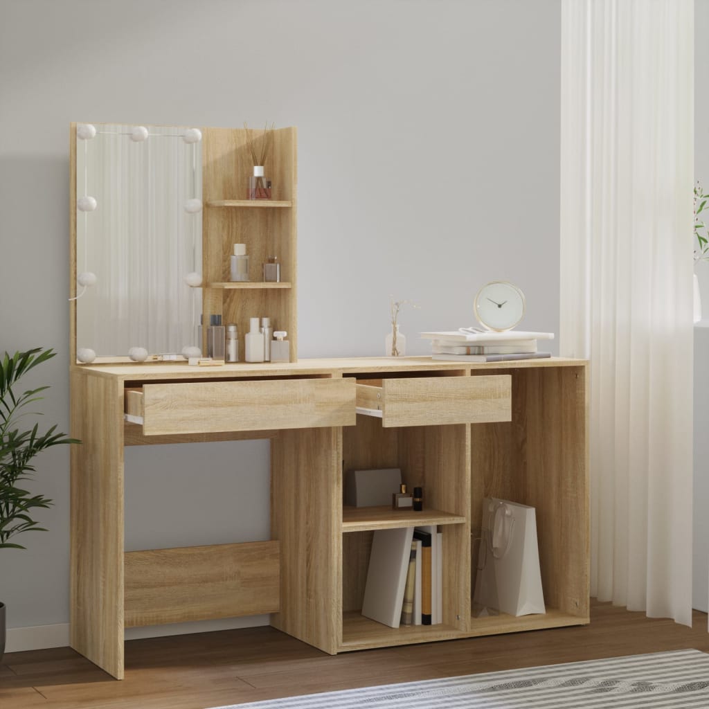 LED Dressing Table With Cabinet | Sonoma oak | Engineered wood, acrylic