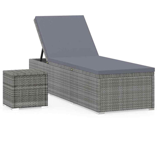 Sun Lounger with Cushion and Tea Table Poly Rattan Grey
