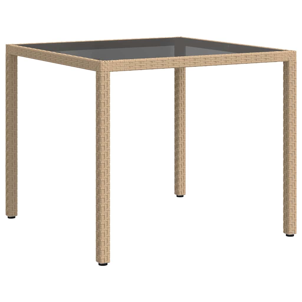 Garden Table 90x90x75 cm Tempered Glass and Poly Rattan Beige