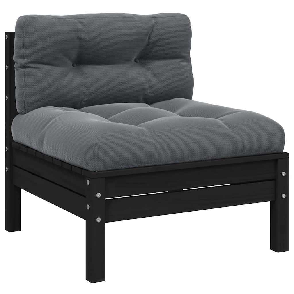 Patio Middle Sofa with Cushions Black Solid Pinewood