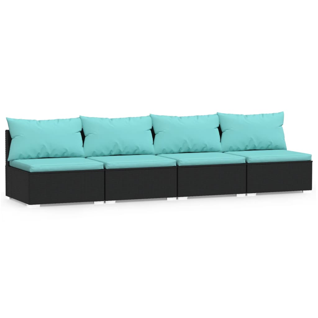 4 Seater Sofa with Cushions Black Poly Rattan