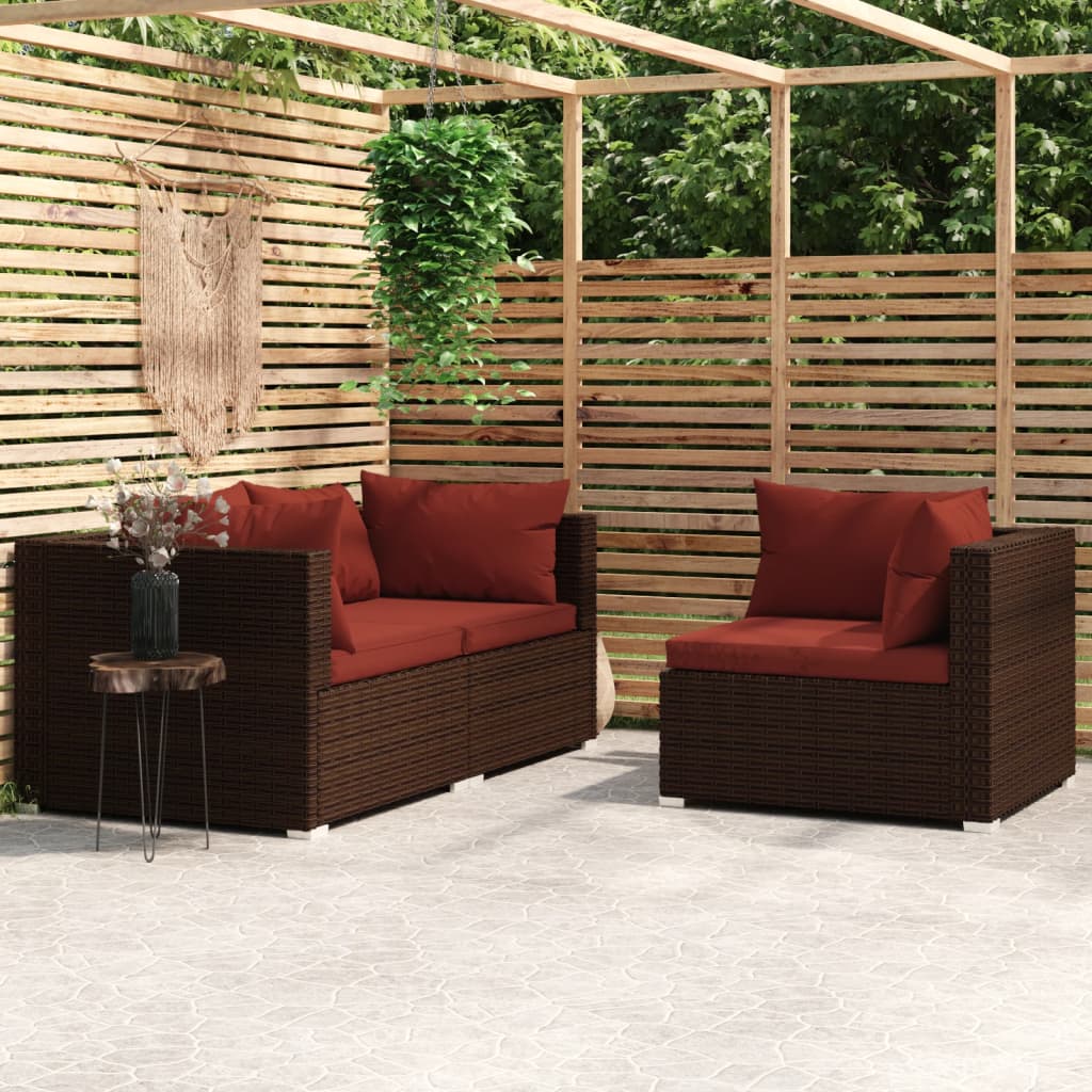 3 Piece Patio Lounge Set with Cushions Brown Poly Rattan