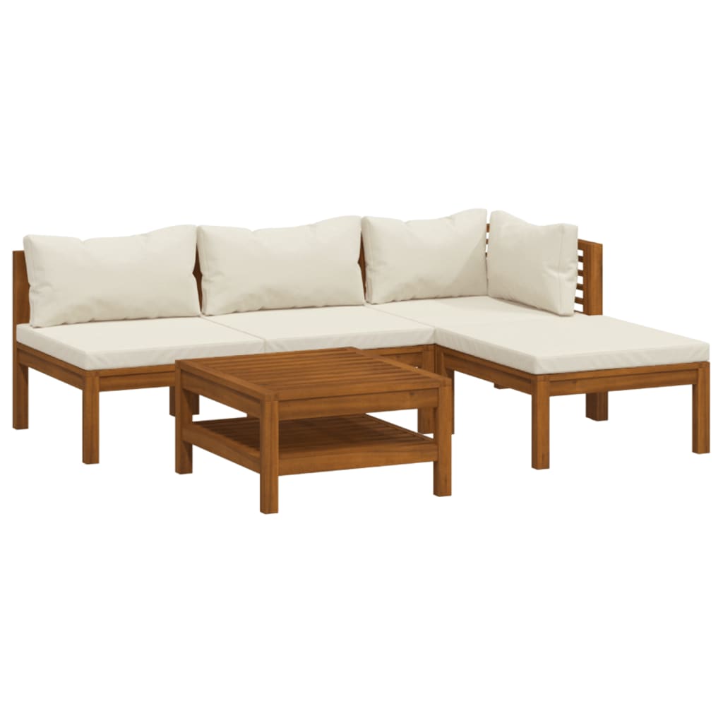 5 Piece Patio Lounge Set with Cream Cushion Solid Acacia Wood
