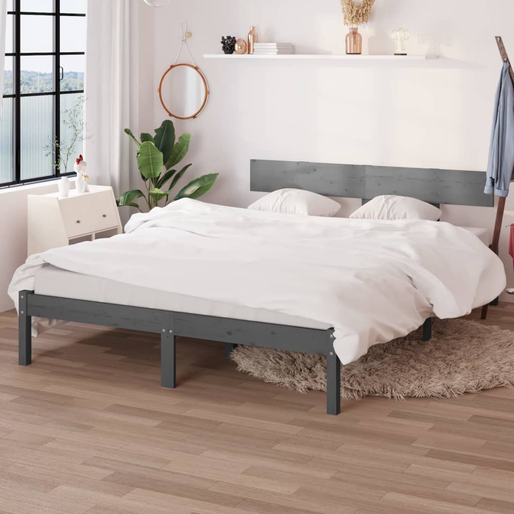 Bed Frame without Mattress Grey Solid Wood Pine King Size