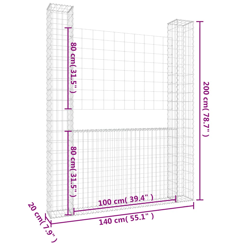 U-shape Gabion Basket with 2 Posts Iron 55.1"x7.9"x78.7"