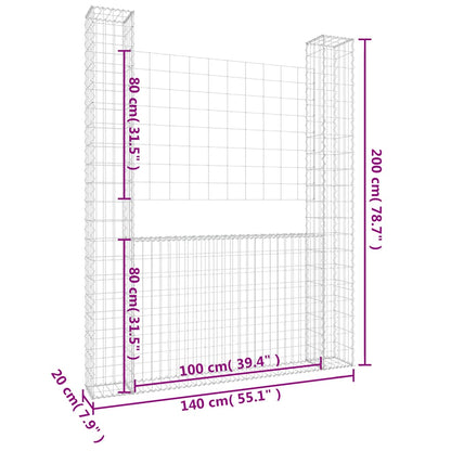 U-shape Gabion Basket with 2 Posts Iron 55.1"x7.9"x78.7"
