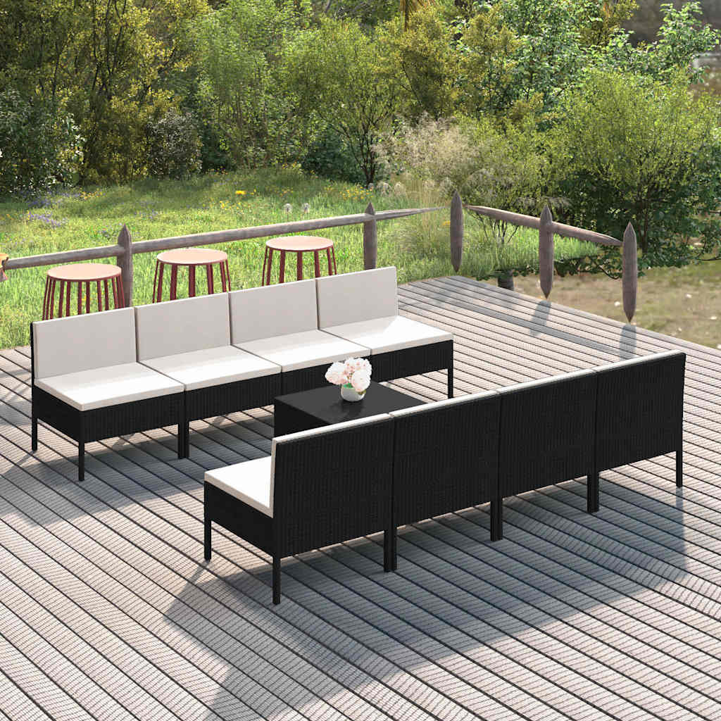 9 Piece Patio Lounge Set with Cushions Poly Rattan Black