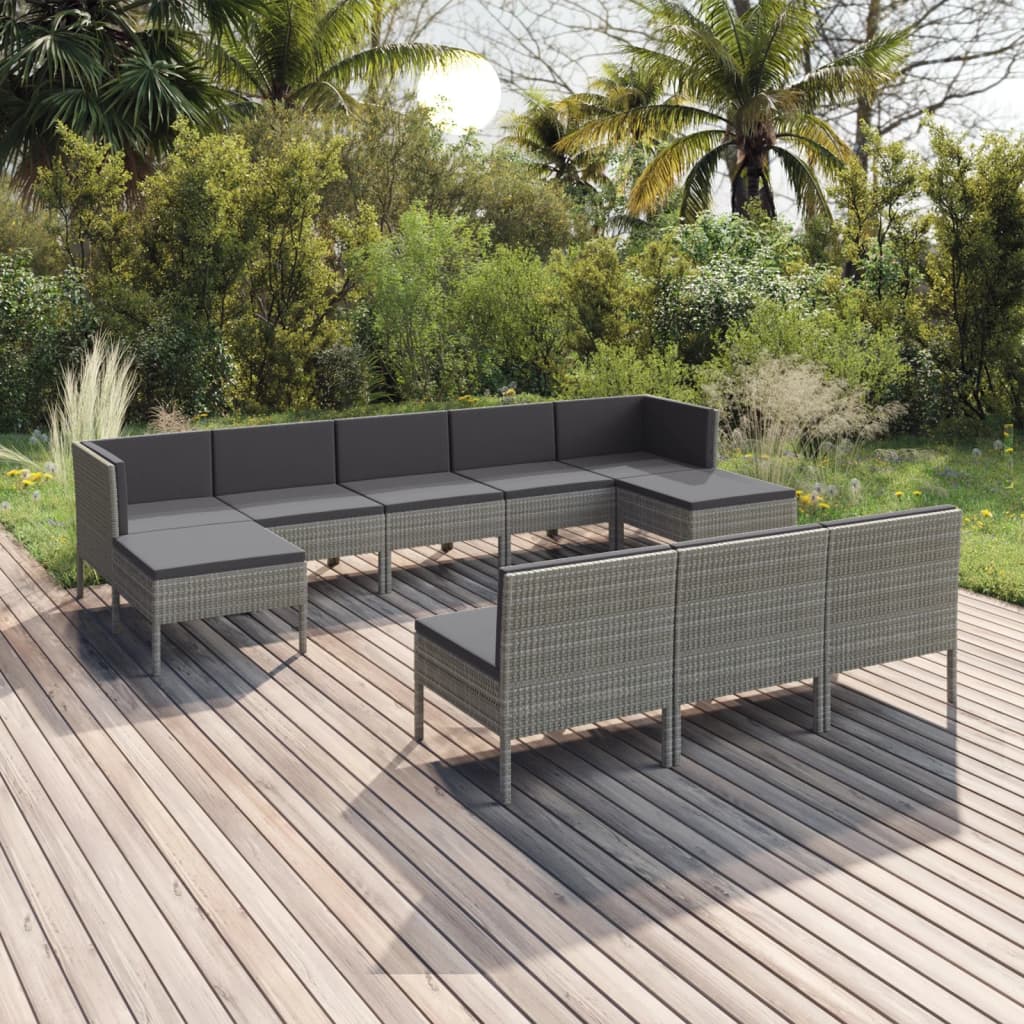 10 Piece Patio Lounge Set with Cushions Poly Rattan Gray