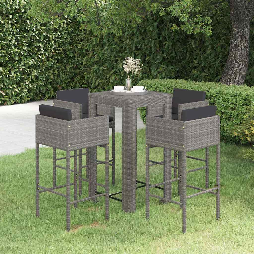 5 Piece Patio Bar Set with Cushions Poly Rattan Gray