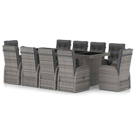 11 Piece Garden Dining Set with Cushions Grey Poly Rattan